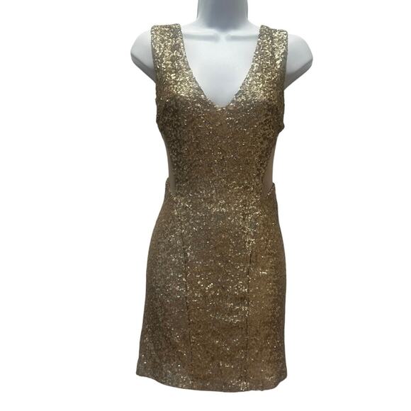 TFNC London Gold Sequins Mini Dress Women’s XS Stretchy Sparkly Homecoming Party - Picture 2 of 16